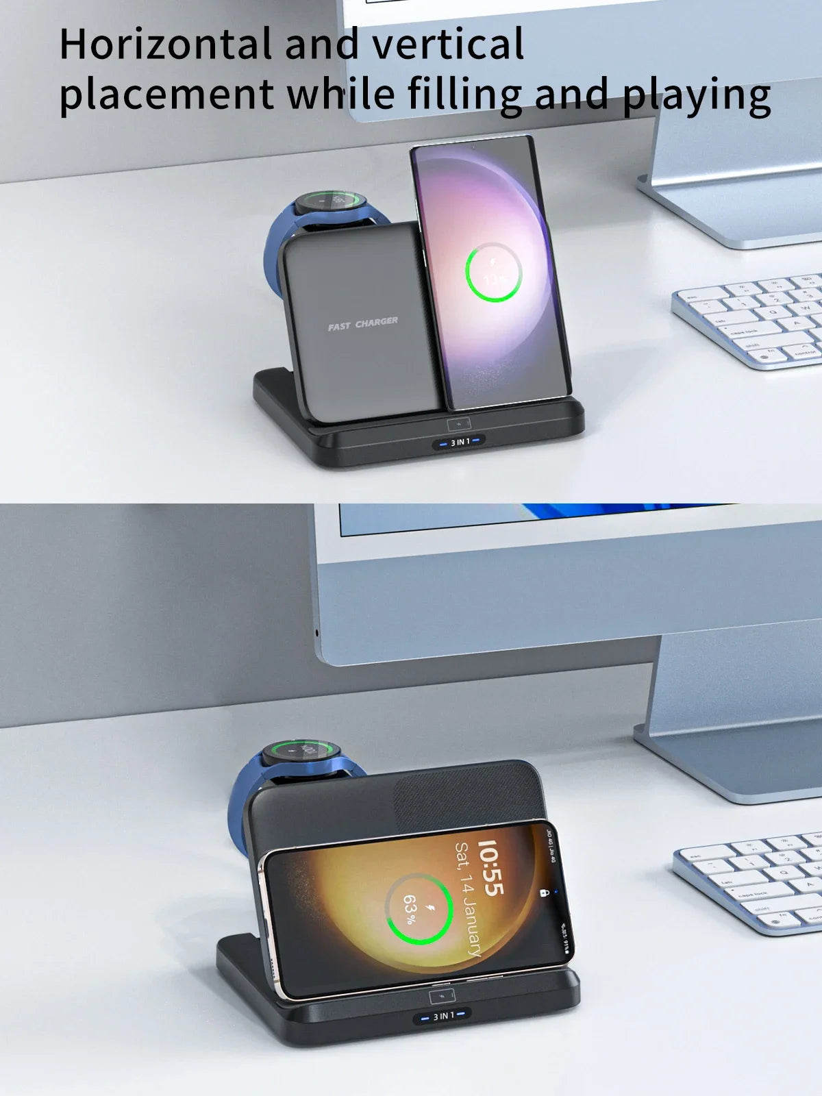 3-in-1 Foldable Fast Wireless Charger for Smart phones, Earbuds & Watch