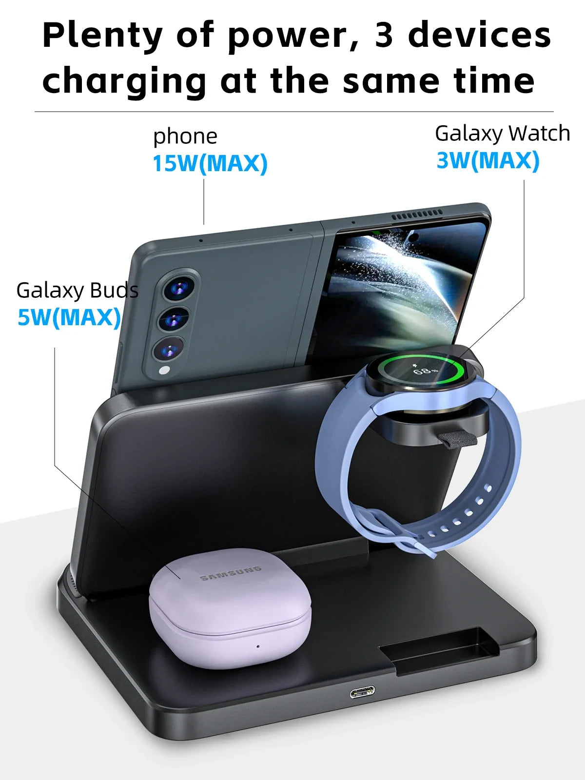 3-in-1 Foldable Fast Wireless Charger for Smart phones, Earbuds & Watch