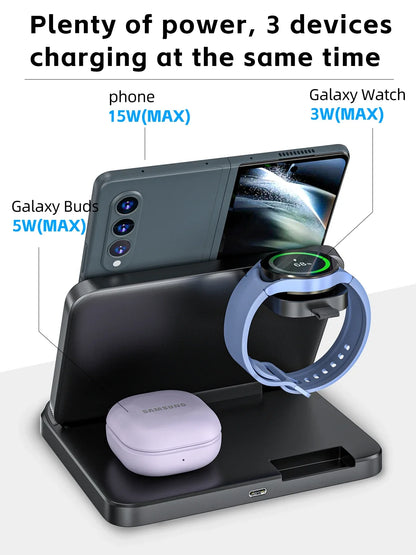 3-in-1 Foldable Fast Wireless Charger for Smart phones, Earbuds & Watch