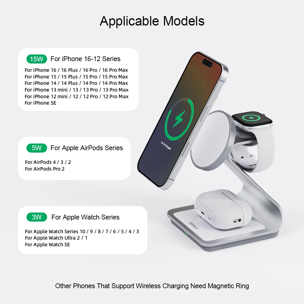 BONOLA 3-in-1 Magnetic Charger for Smart Phone, Watch & AirPods