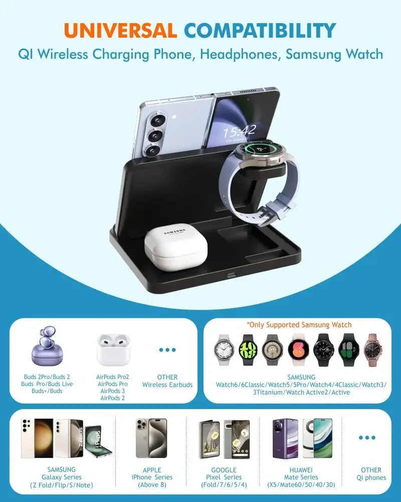 Foldable 3 in 1 Wireless Charging Dock for Mobile, Watch & Ear Buds