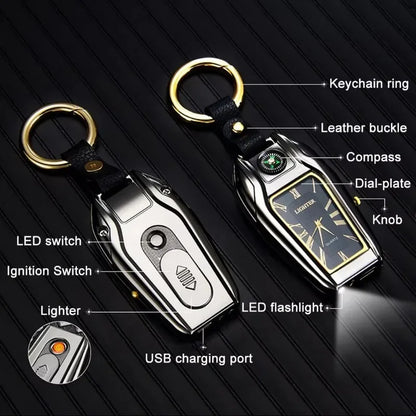 Outdoor Survival Keychain: Watch, Lighter & Compass