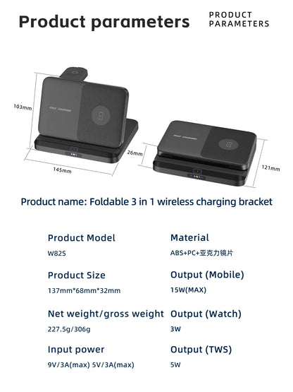 Foldable 3 in 1 Wireless Charging Dock for Mobile, Watch & Ear Buds