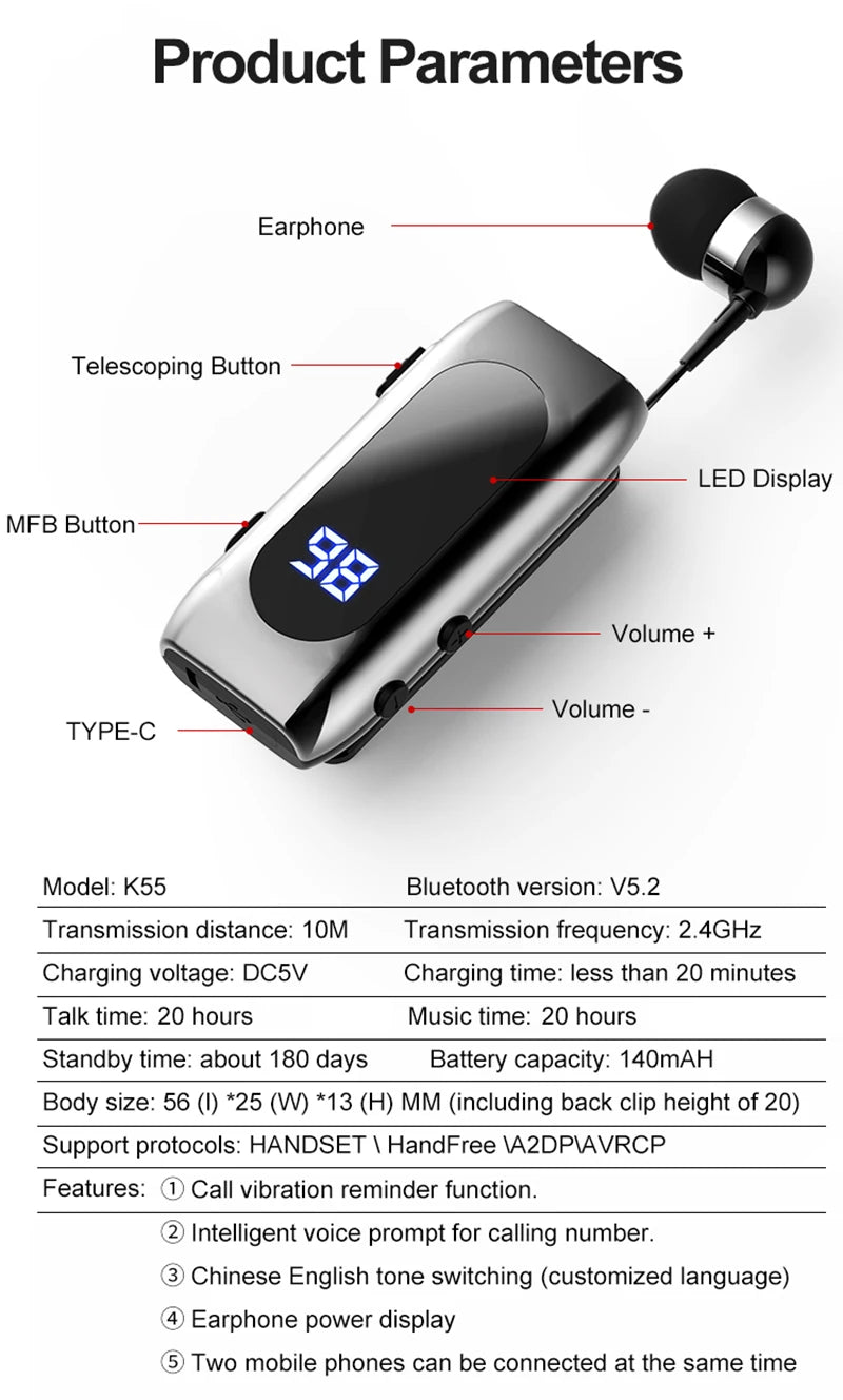 K55 Business Wireless Earphone with Noise Cancelling Mic & LED Display