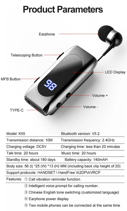 K55 Business Wireless Earphone with Noise Cancelling Mic & LED Display