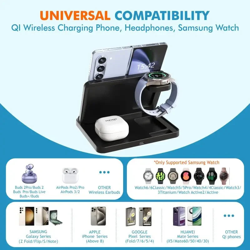 3-in-1 Foldable Fast Wireless Charger for Smart phones, Earbuds & Watch