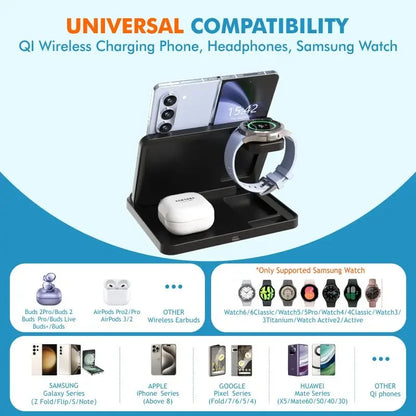 3-in-1 Foldable Fast Wireless Charger for Smart phones, Earbuds & Watch