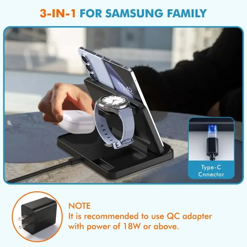 Foldable 3 in 1 Wireless Charging Dock for Mobile, Watch & Ear Buds