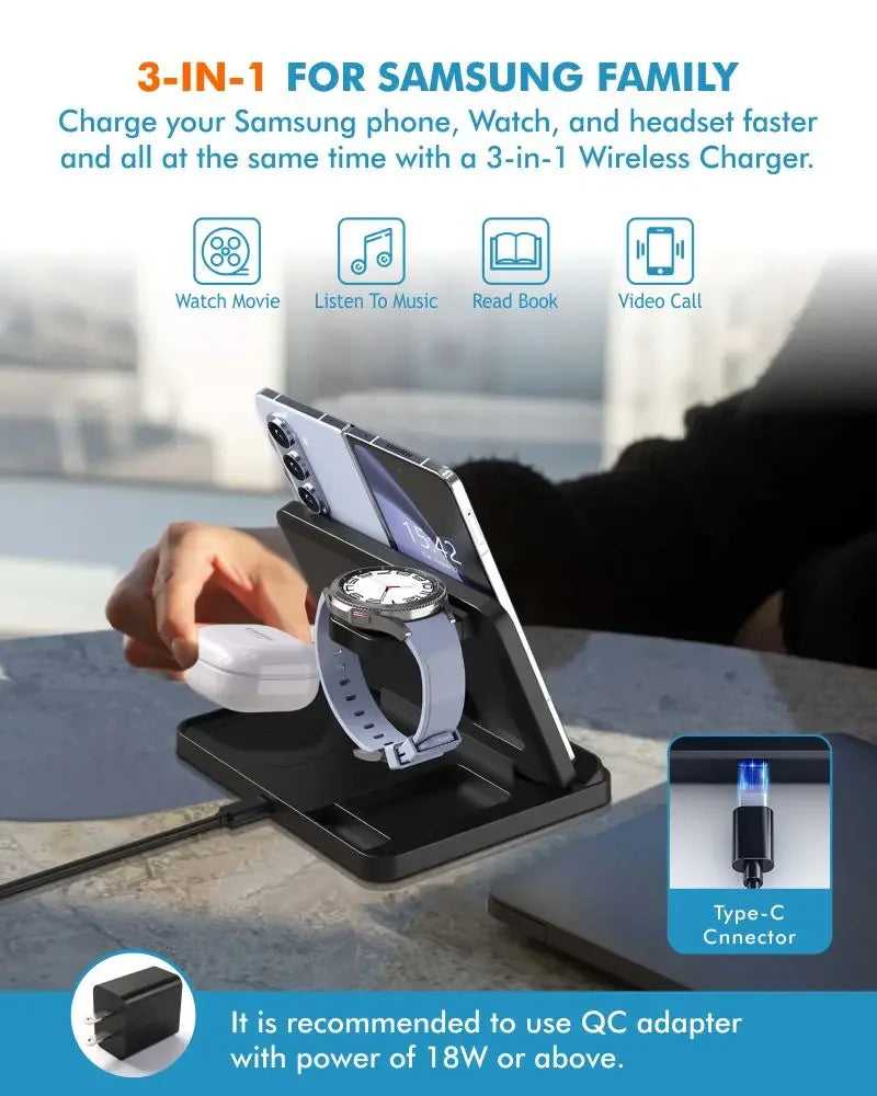 Foldable 3 in 1 Wireless Charging Dock for Mobile, Watch & Ear Buds
