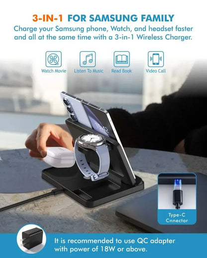 Foldable 3 in 1 Wireless Charging Dock for Mobile, Watch & Ear Buds