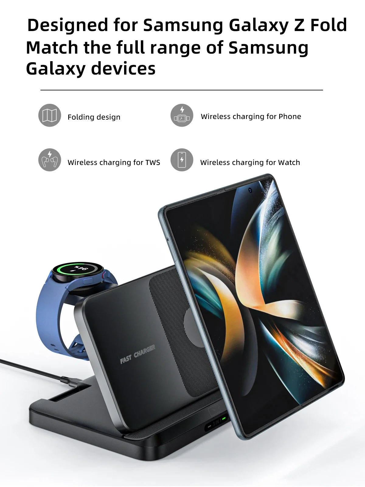 3-in-1 Foldable Fast Wireless Charger for Smart phones, Earbuds & Watch