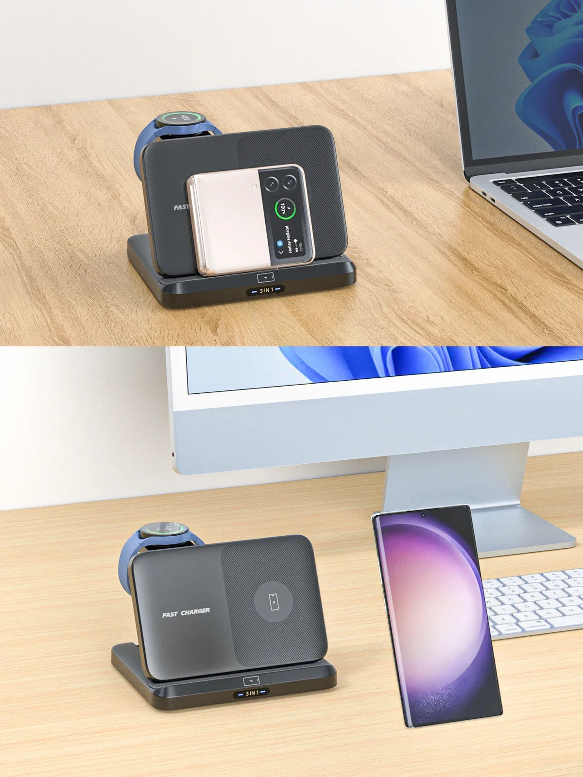 3-in-1 Foldable Fast Wireless Charger for Smart phones, Earbuds & Watch
