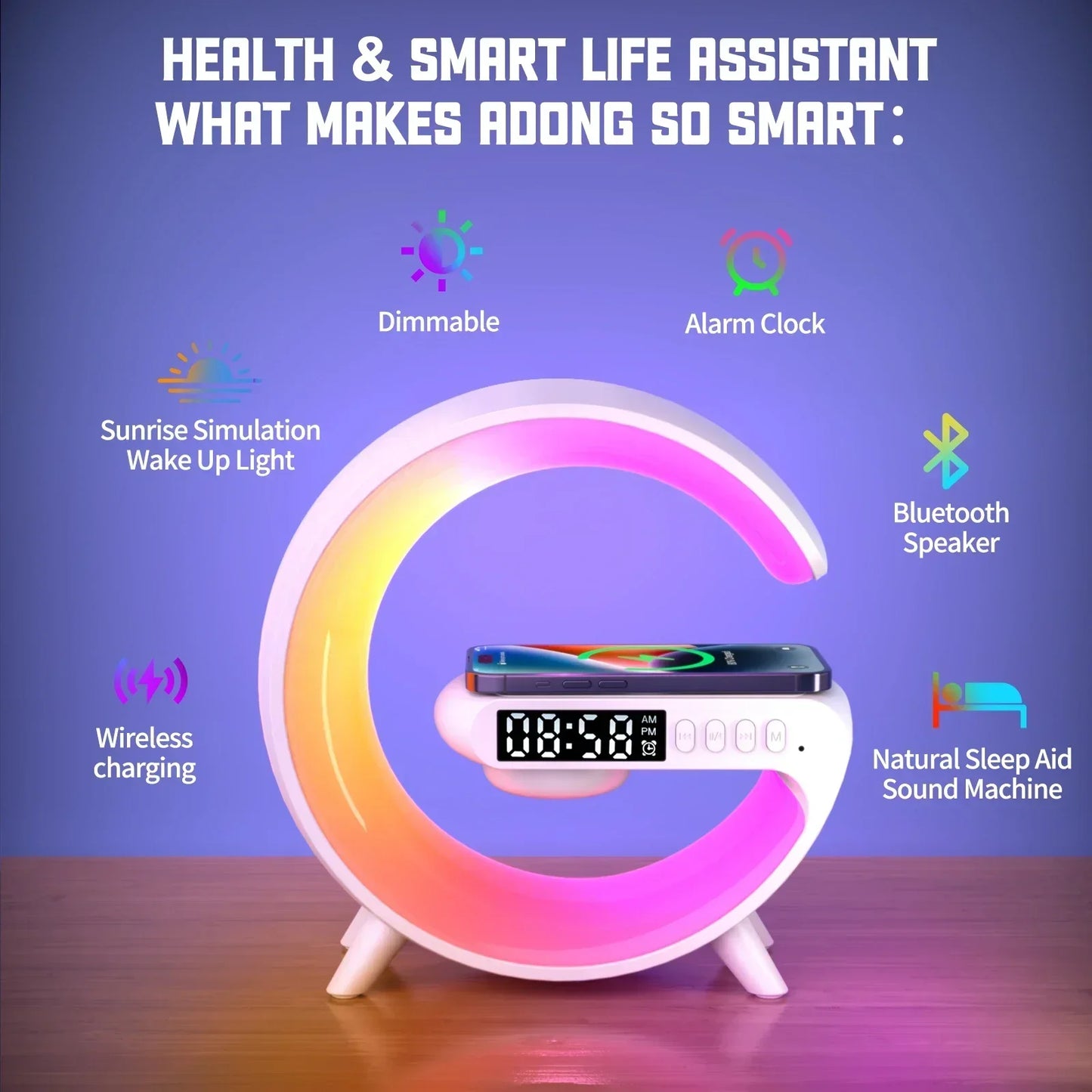 Multifunction RGB Speaker Alarm Clock & Wireless Charging Dock Station